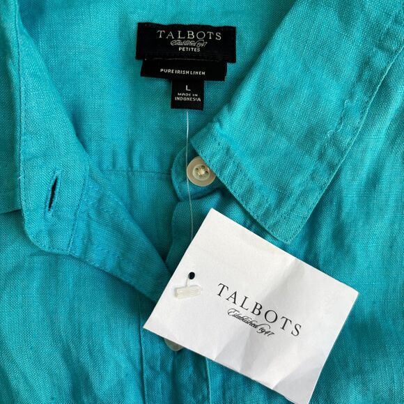 Talbots 100% Irish Linen Button Down Shirt Womens LP Green 3/4 Sleeve Casual NWT - Picture 3 of 8